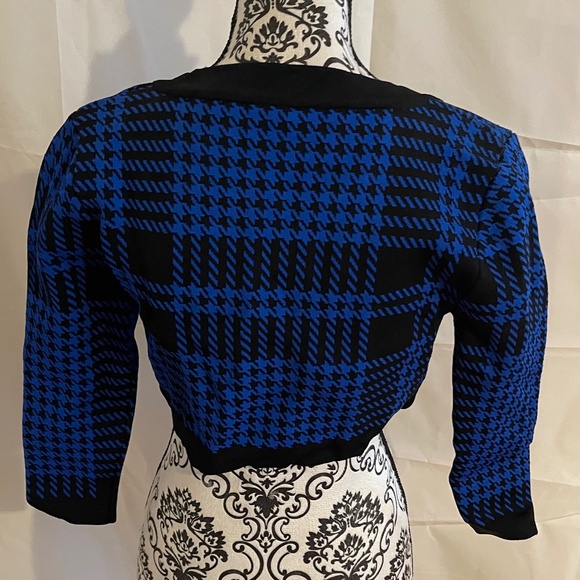 NWOT! Bebe Cobalt Blue & Black Houndstooth Cropped Cardigan SMALL Web Exclusive - Picture 11 of 16